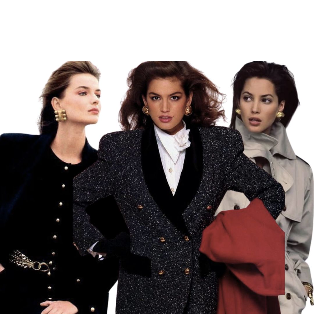 1980s runway models Cindy Crawford wearing oversized vintage statement earrings as seen on Hailey Bieber Jasmine Tookes Kylie Jenner Sofia Richie Grainge 