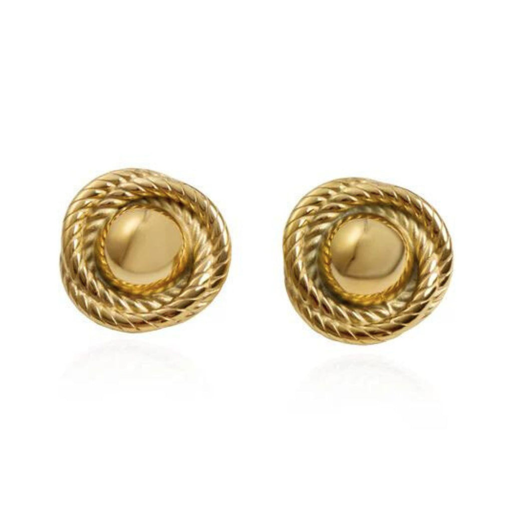 Coco vintage-inspired gold statement earrings by Arella The Label — bold sculptural studs inspired by Coco Chanel style. 