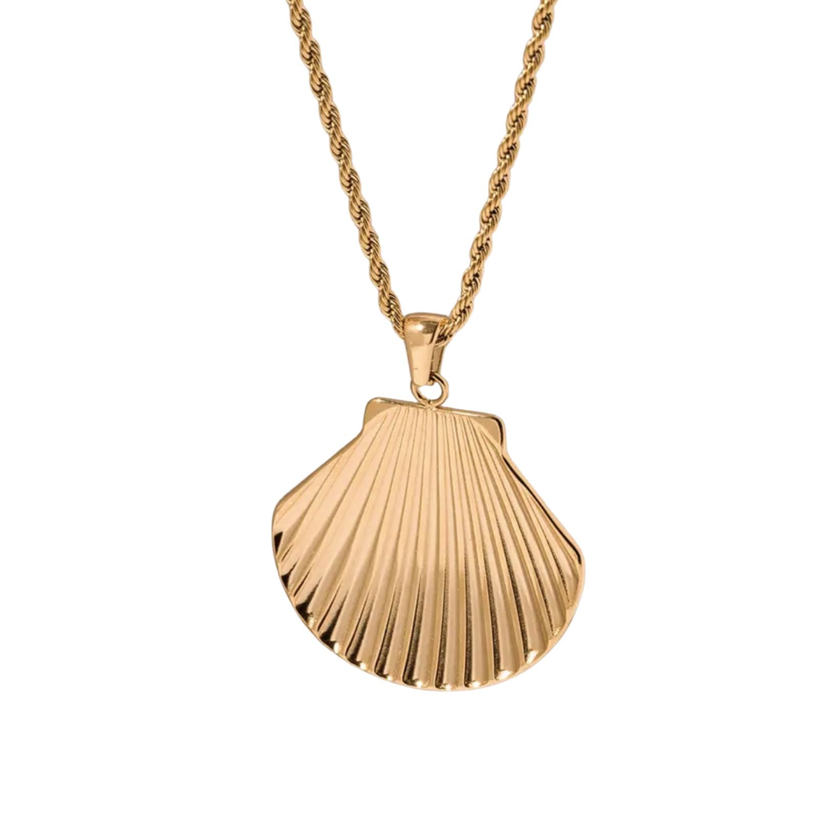 A gold rope chain necklace with a dangling scallop shell pendant by Arella. Perfect for resort wear or paired with a blazer or sundress. Modern, yet refined. 