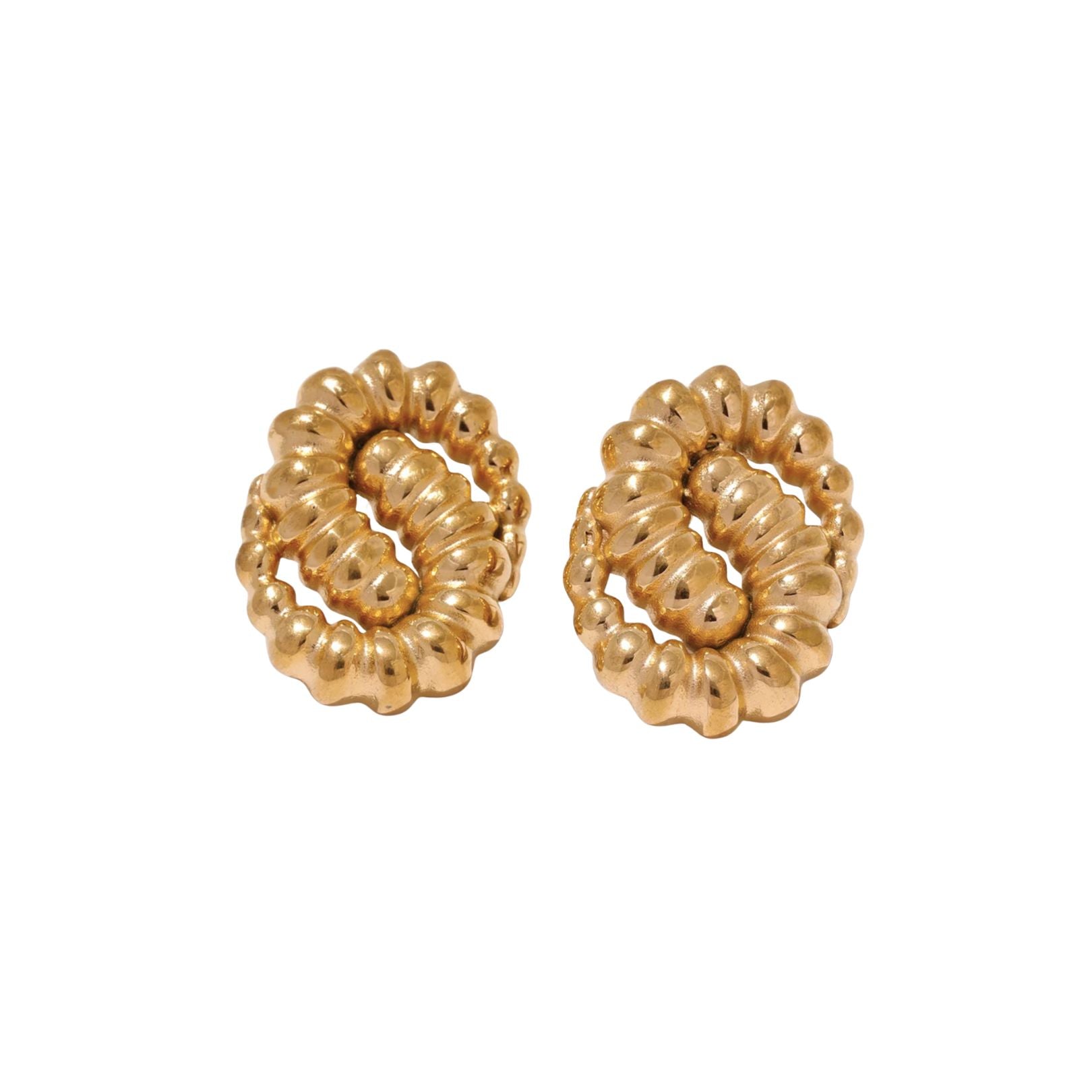 A pair of gold-colored hoop earrings with a textured surface.